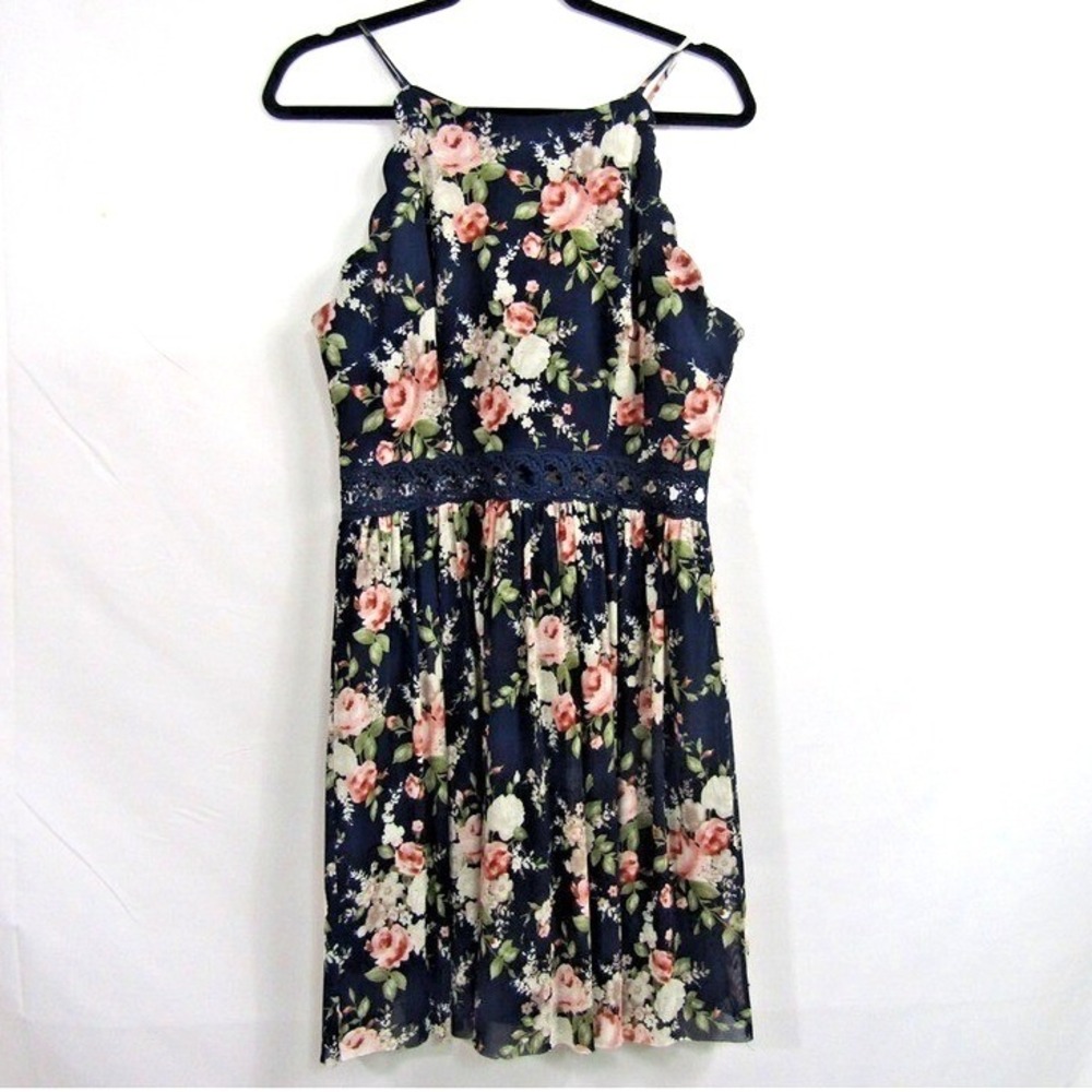 By&By Blue Floral Mini Dress sz‎ 11 Scalloped Lace Boho Cottagecore Romantic